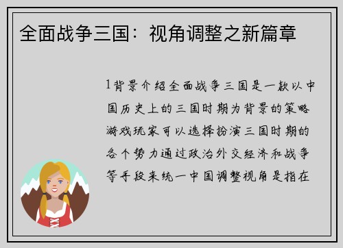 全面战争三国：视角调整之新篇章
